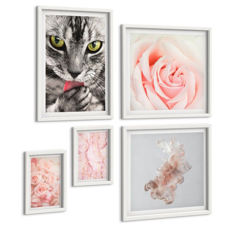 Galeria 5 Obrazów ArtPrintCave (2x50x50+2x20x30+40x60cm) Biała rama Kuchenne napisy boho trawy 1 kpl.