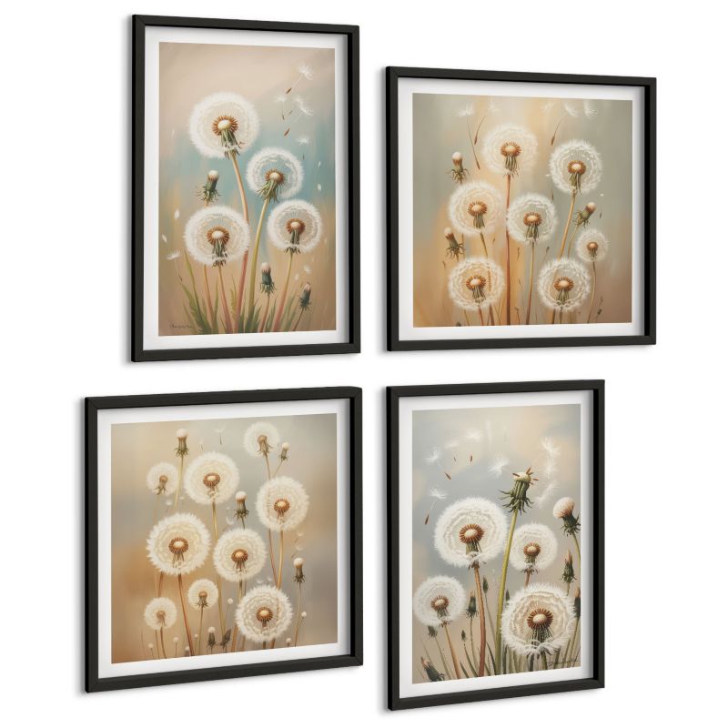 Zestaw 4 Obrazów ArtPrintCave (2x50x50+2x40x60cm) Czarna rama Kwiaty dmuchawców pastelowe 1 kpl.