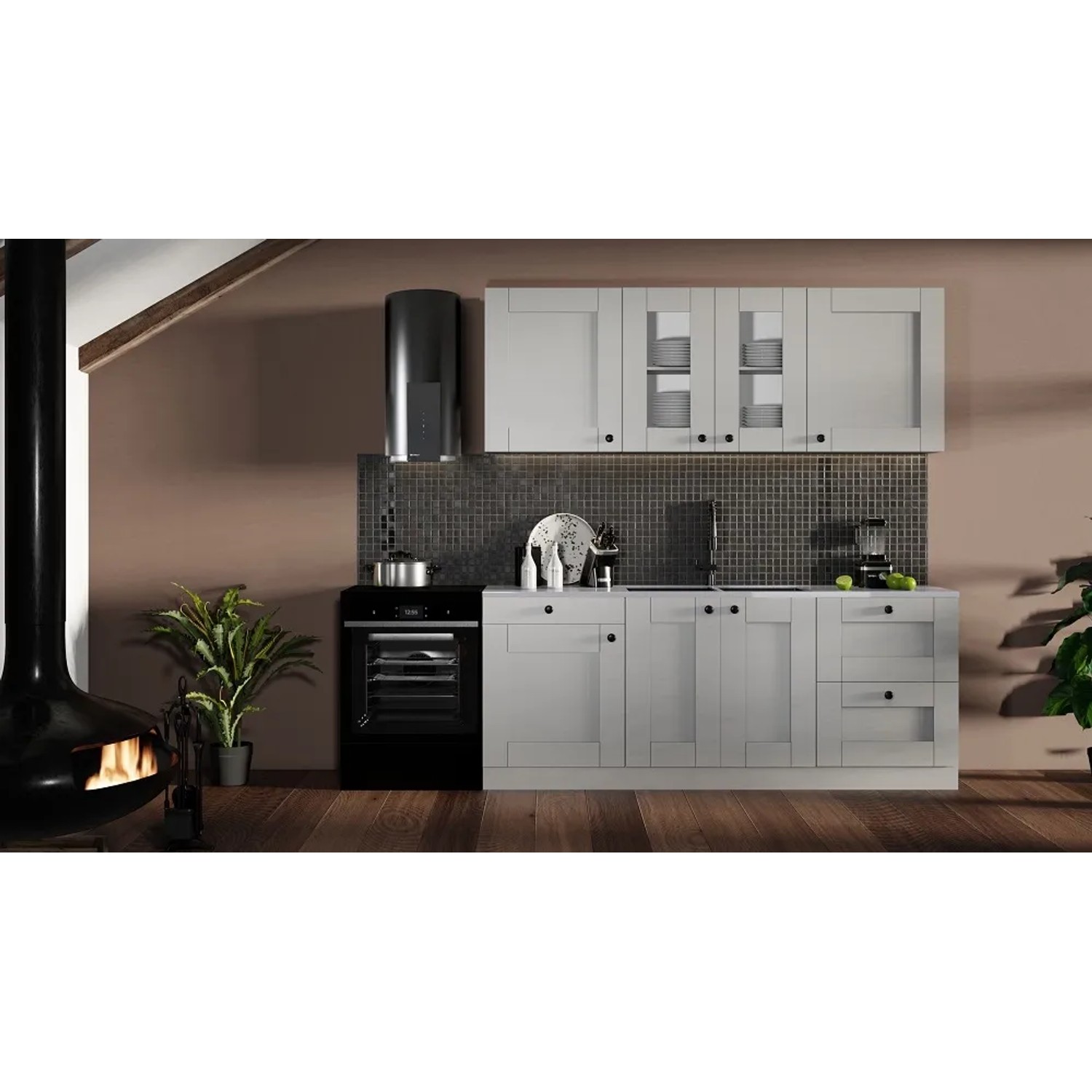 Black and White Style Zestaw mebli kuchennych NORDIC szary 200 cm 6 el.