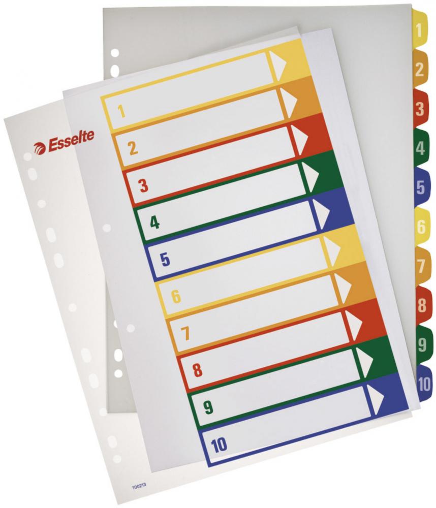 Przekładki do segregatora Esselte Maxi, plastikowe, numeryczne, do zadruku, A4, 1-10 kart, mix kolorów