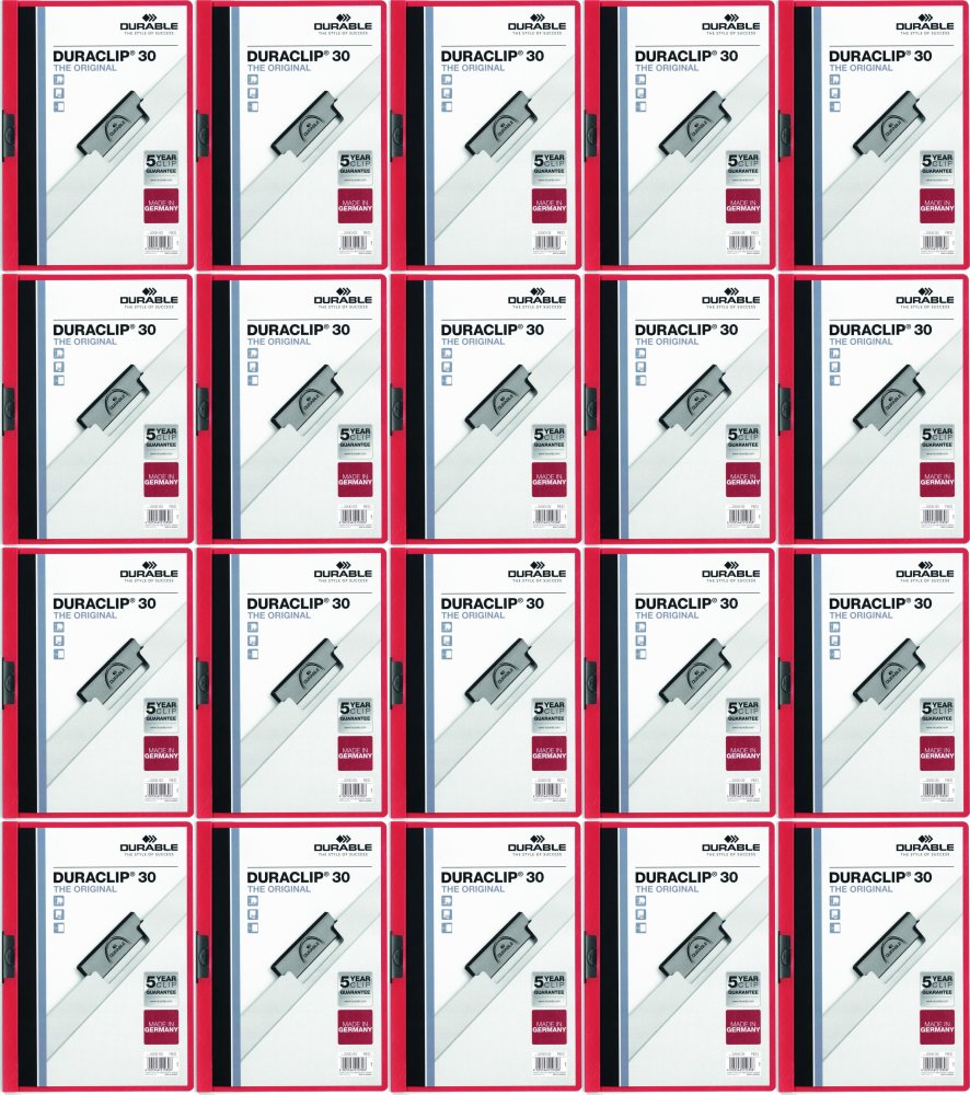 20x Skoroszyt plastikowy z klipsem Durable Duraclip, A4, do 30 kartek czerwony
