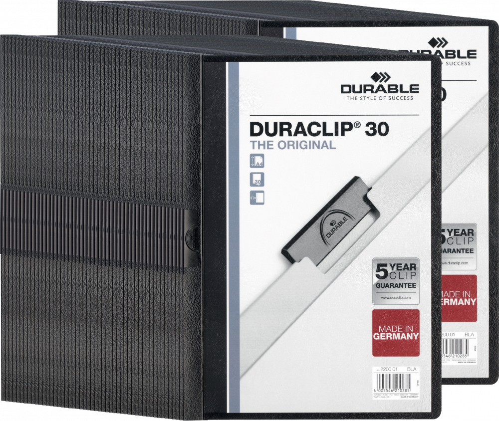 100x Skoroszyt zaciskowy Durable DuraClip, A4, plastikowy, do 30 kartek, czarny