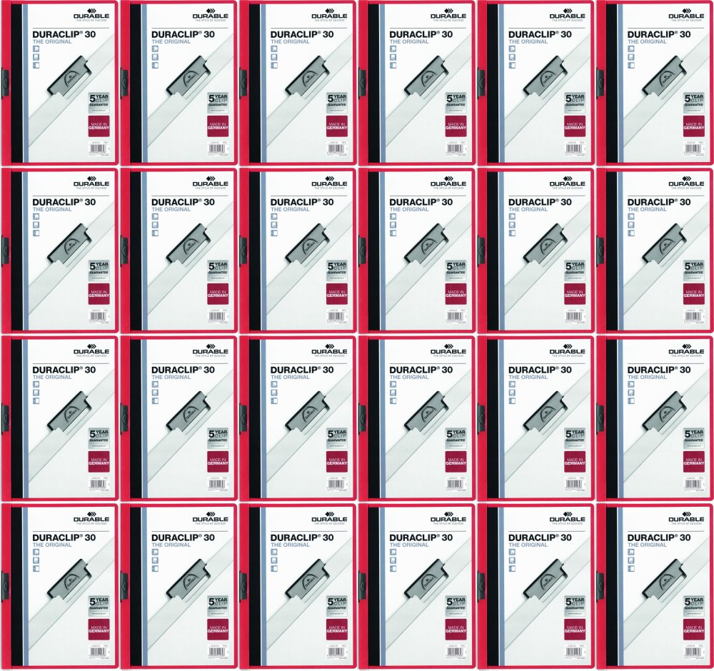 24x Skoroszyt plastikowy z klipsem Durable Duraclip, A4, do 30 kartek czerwony