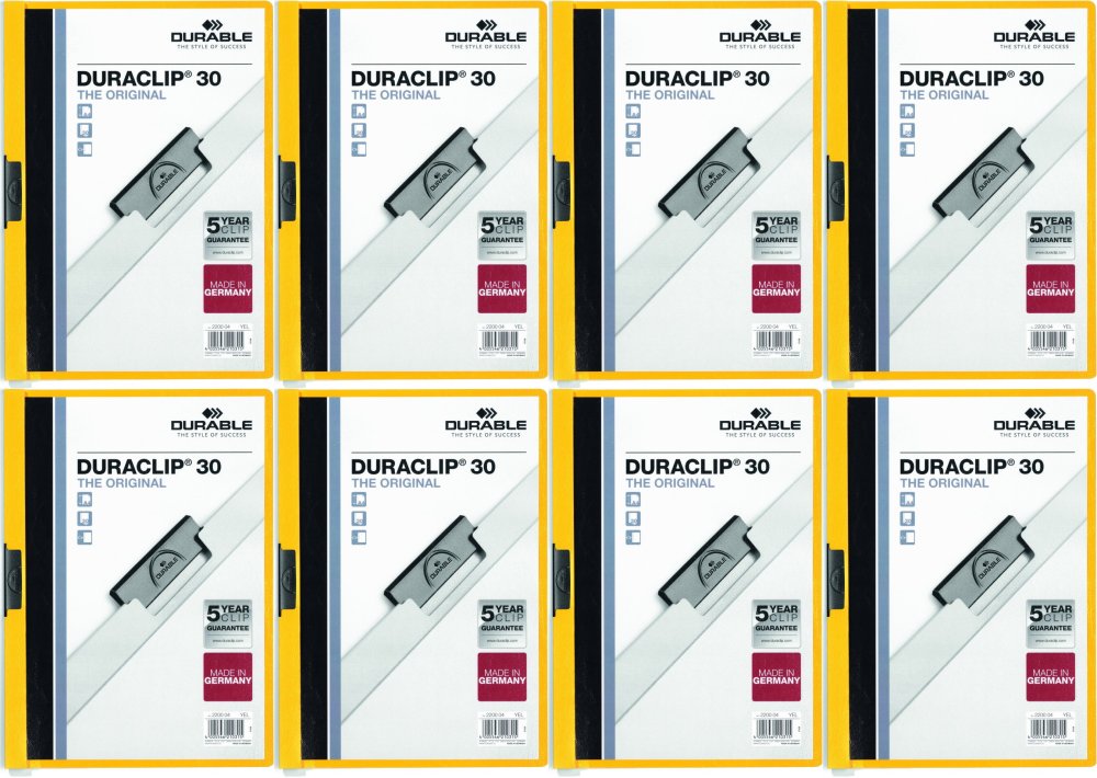 8x Skoroszyt plastikowy z klipsem Durable Duraclip, A4, do 30 kartek, żółty