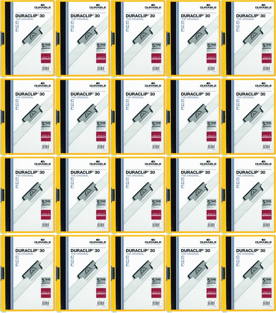20x Skoroszyt plastikowy z klipsem Durable Duraclip, A4, do 30 kartek, żółty
