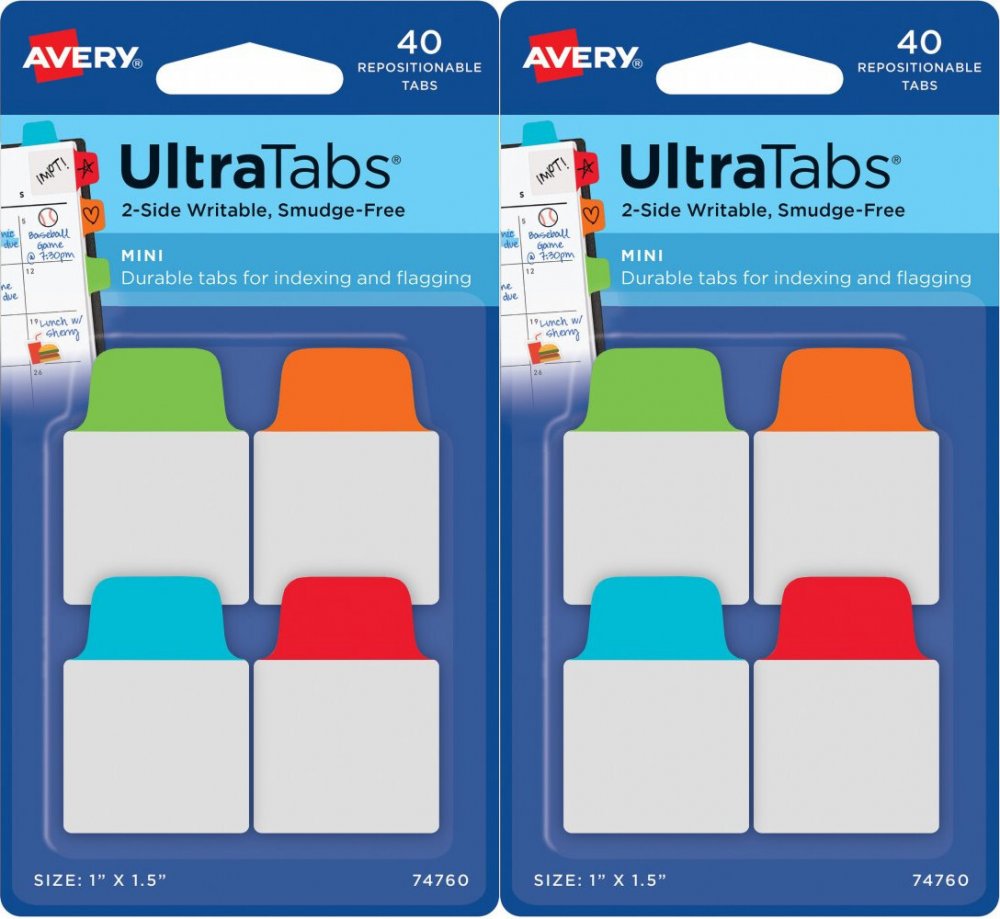 2x Zakładki samoprzylepne Avery Zweckform Ultra Tabs, indeksujące, 25.4x38, 40 sztuk, mix kolorów