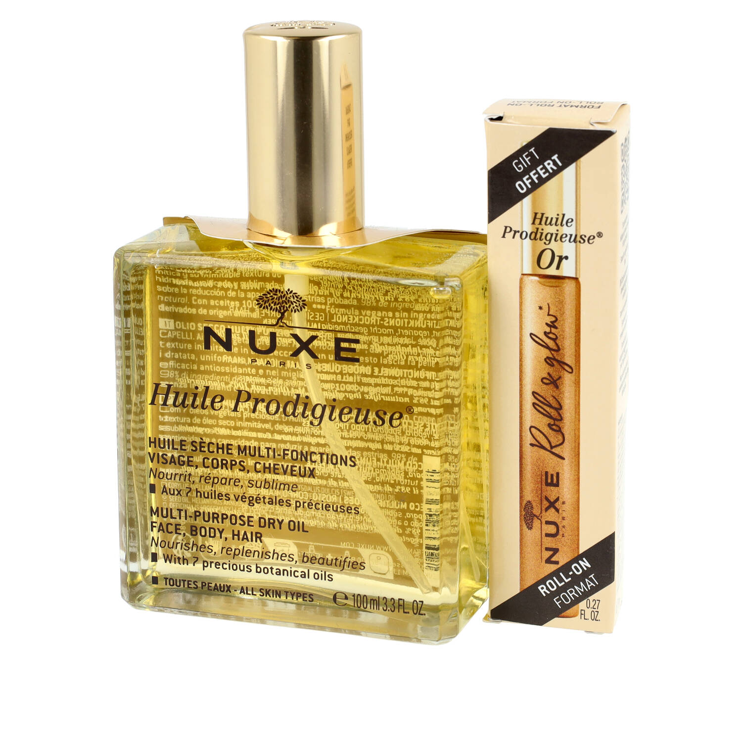 Zestaw nuxe huile prodigieuse - suchy olejek wielofunkcyjny, 100 ml + nuxe huile prodigieuse or - suchy olejek roll-on, 8 ml (data ważności: 30.09.202