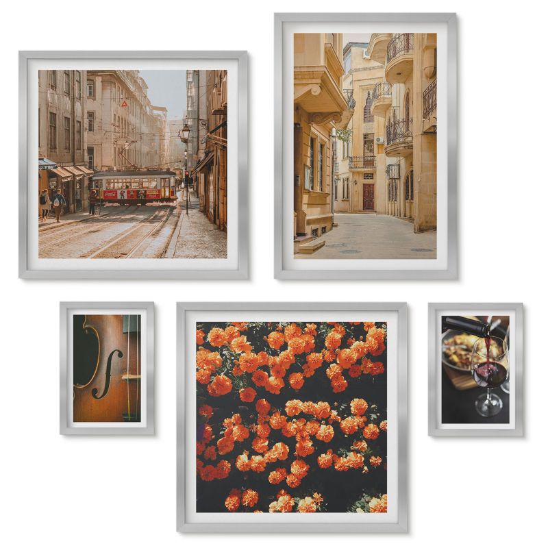 Komplet 5 obrazów w srebrnej ramie Tulup Vintage kwiaty ulica wino skrzypce Kompletna galeria nad łóżko 1 kpl