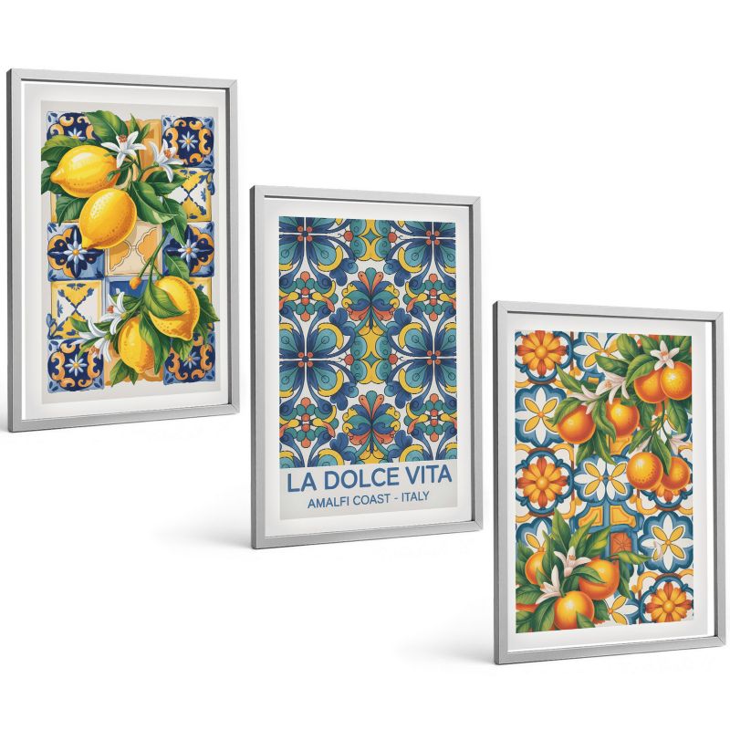 Zestaw 3 Obrazów w Srebrnej Ramie ArtPrintCave 40x60 cm Galeria Ścienna Kwiaty cytryn pomarańczy wzory 1 kpl.