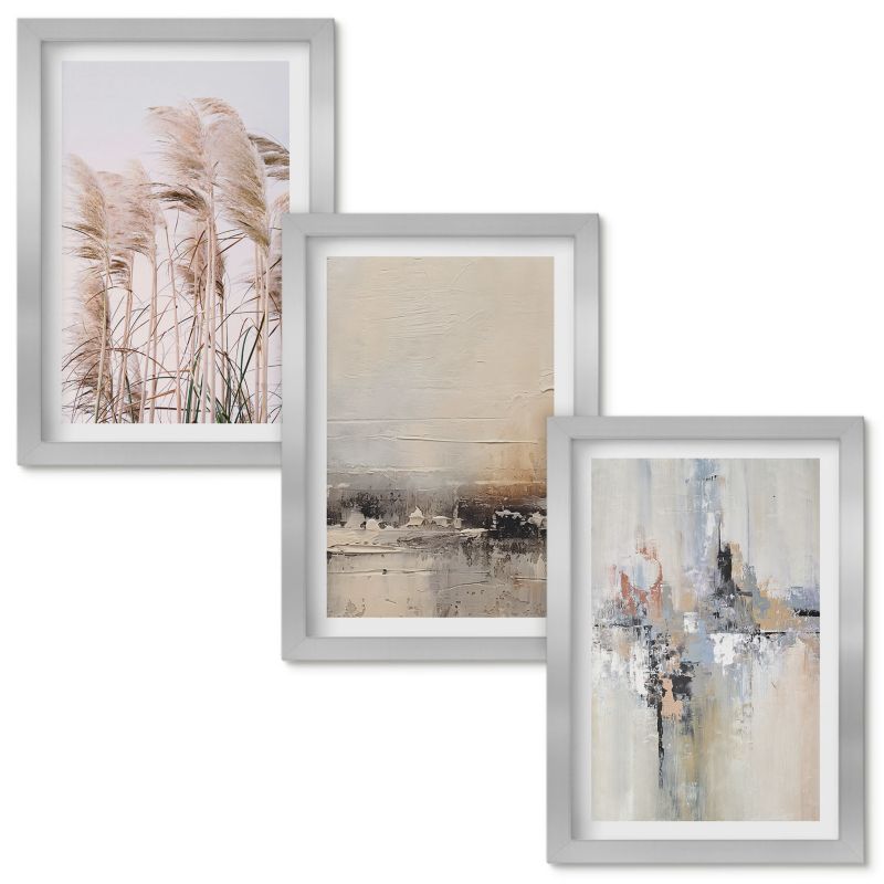 Tryptyk Obrazów w Ramie Wallfluent Roślinność abstrakcyjne wzory Srebrna rama 20x30cm 3 szt.