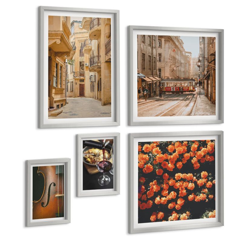 Zestaw 5 Obrazów ArtPrintCave (2x50x50+2x20x30+40x60cm) Srebrna rama Vintage kwiaty ulica wino skrzypce 1 kpl.