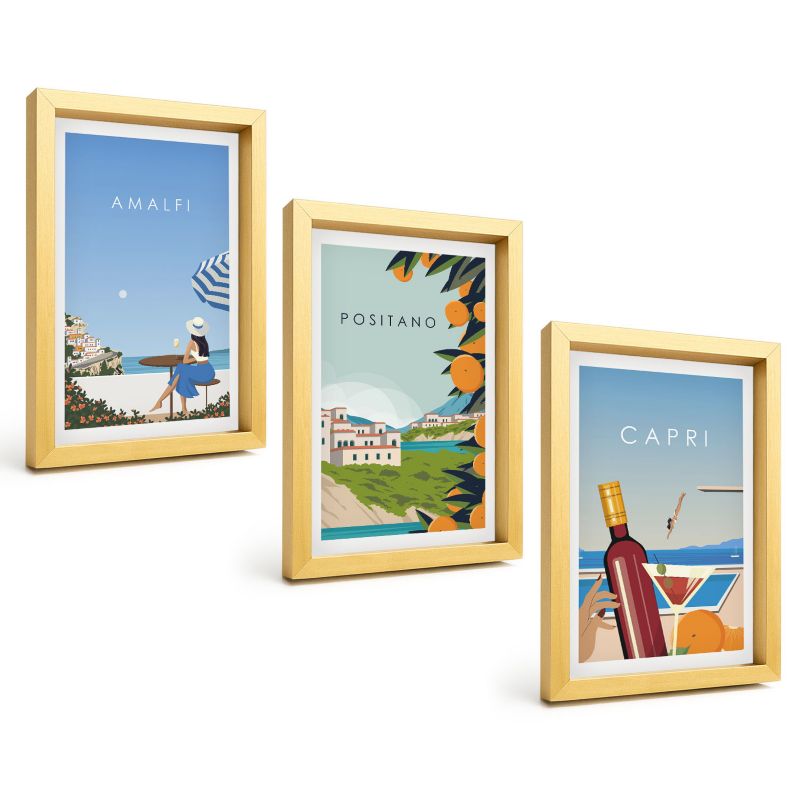 Galeria 3 Obrazów w Złotej Ramie ArtPrintCave 20x30 cm Komplet ścienny Amalfi Positano i Capri 1 kpl.