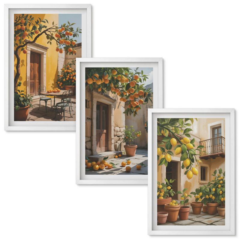Set Obrazów w Ramie Wallfluent Owoce cytrusowe dziedziniec rośliny Biała rama 40x60 cm 3 szt.