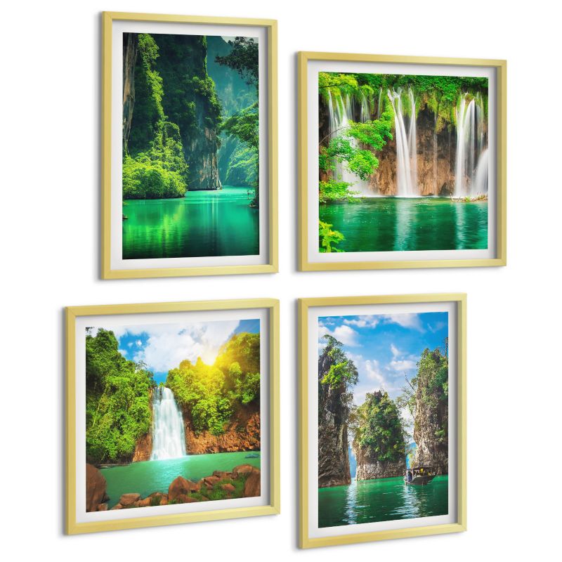 Galeria 4 Obrazów ArtPrintCave (2x50x50+2x40x60cm) Złota rama Zielone krajobrazy wodospady 1 kpl.