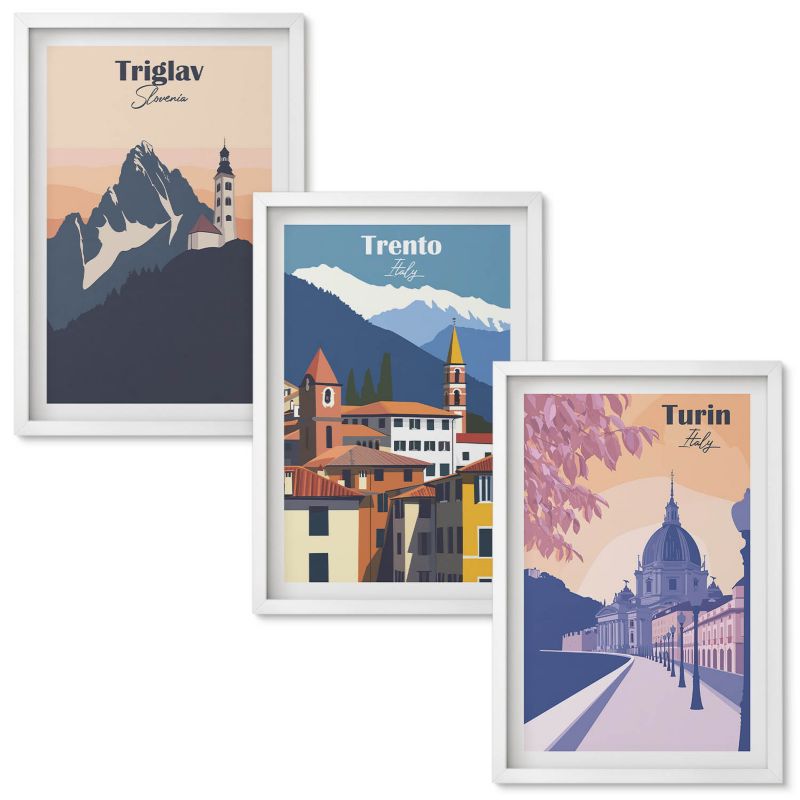Obrazy do Salonu Wallfluent Góry architektura retro ilustracje Biała rama 40x60 cm 3 szt.