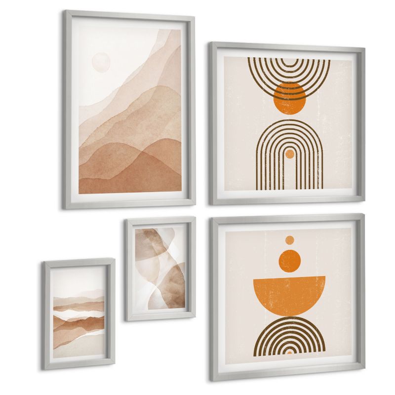Zestaw Obrazów 5 Częściowy ArtPrintCave (2x50x50+2x20x30+40x60cm) Srebrna rama Struktury odcienie minimalizm 1 kpl.