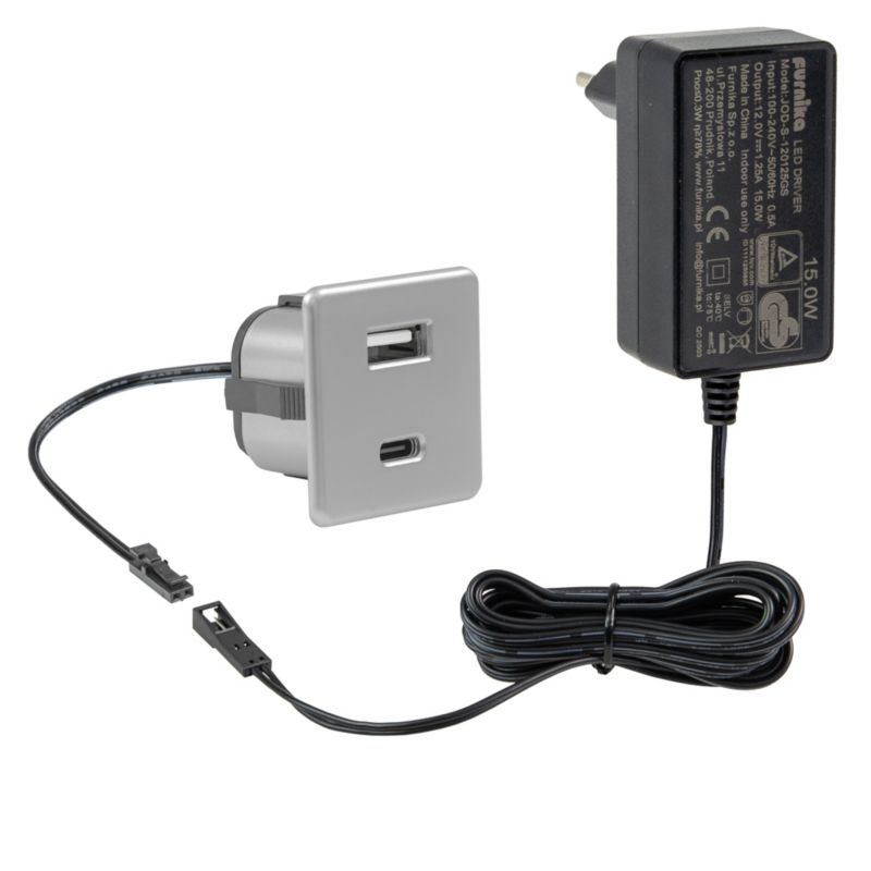 Ładowarka meblowa FURNIKA USB-A + USB-C wpuszczana do płyty srebrna matowa 1szt.