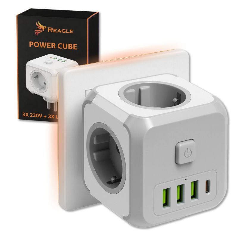 Listwa zasilająca Reagle RCUBE41 3x gniazdo kostka ładowarka 3x USB 1x USB-c biała 1szt.