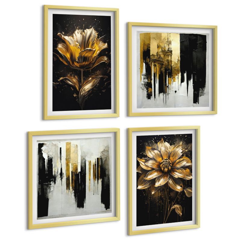 Zestaw 4 Obrazów ArtPrintCave (2x50x50+2x40x60cm) Złota rama Stylowe kwiaty nowoczesne 1 kpl.