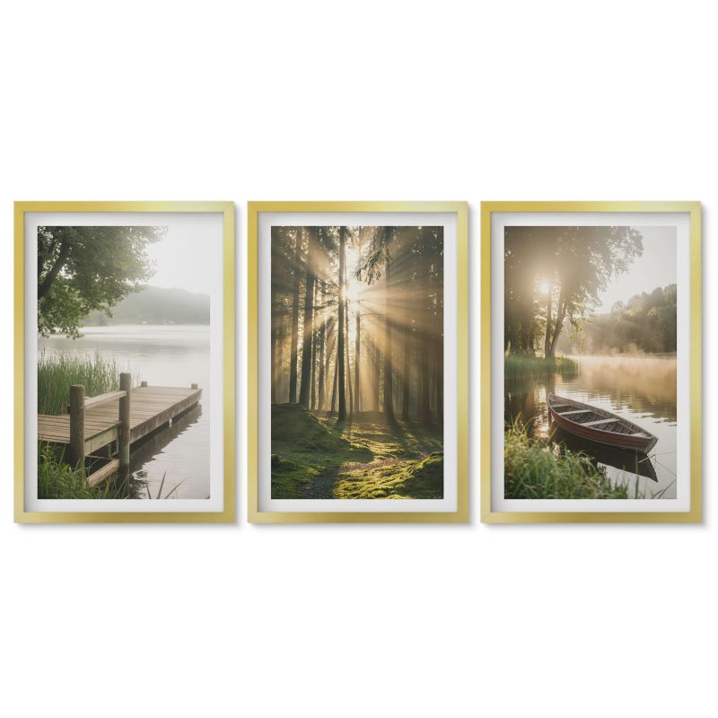 Tryptyk w złotej ramie Tulup 40x60 cm Jezioro las łódka mgła poranna Stylowa galeria nad biurko 1 kpl
