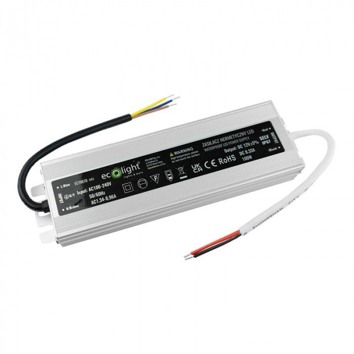 Zasilacz transformator do LED Ecolight moc 100W output 12V DC stałoprądowy IP67 - 1 szt