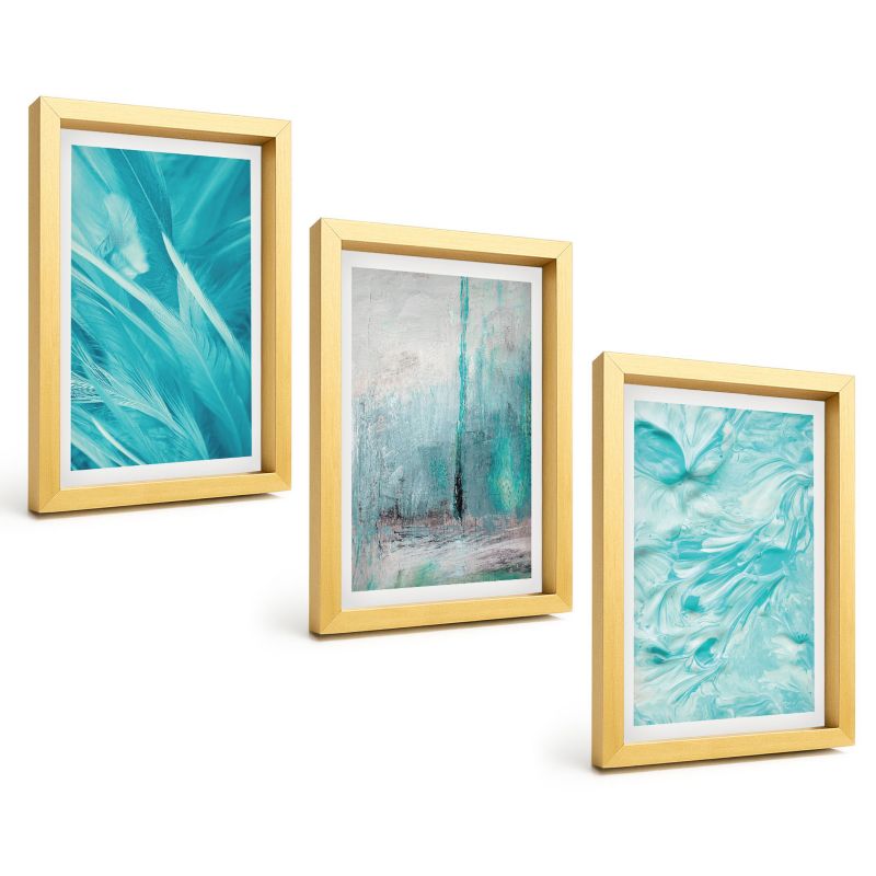 Galeria 3 Obrazów w Złotej Ramie ArtPrintCave 20x30 cm Komplet ścienny Błękitne odcienie wzory abstrakcyjne 1 kpl.