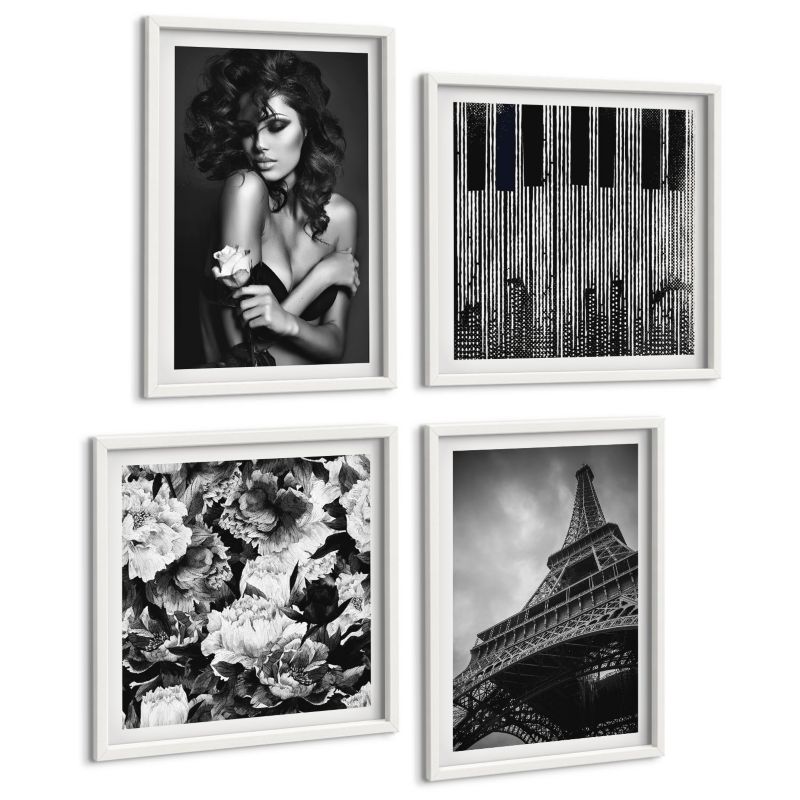 Zestaw Obrazów 4 Częściowy ArtPrintCave (2x50x50+2x40x60cm) Biała rama Portret kobiety różą Eiffla 1 kpl.