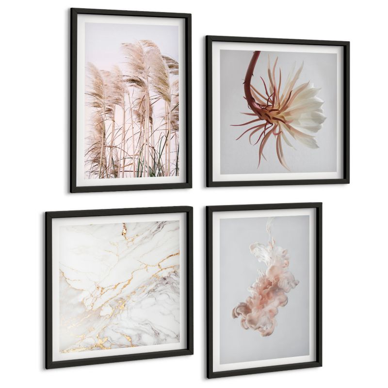 Czteroczęściowy Zestaw Obrazów ArtPrintCave (2x50x50+2x40x60cm) Czarna rama Eleganckie kwiaty trawy marmur 1 kpl.
