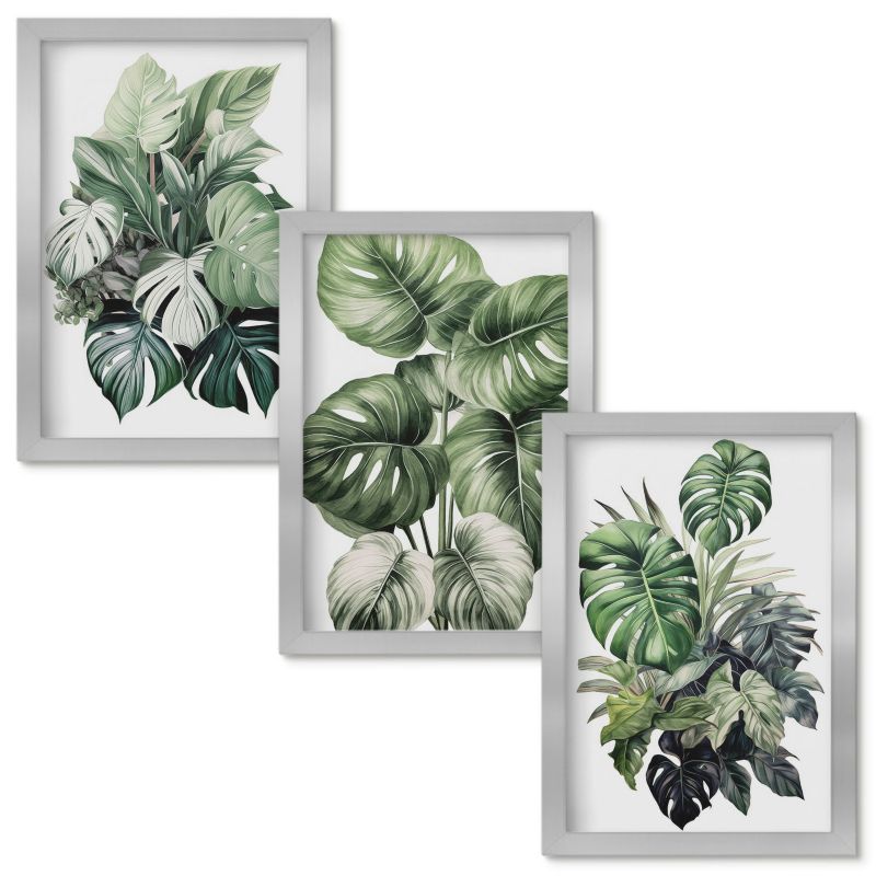 Zestaw Obrazów w Ramie Wallfluent Zielone liście tropików akwarela Srebrna rama 20x30cm 3 szt.
