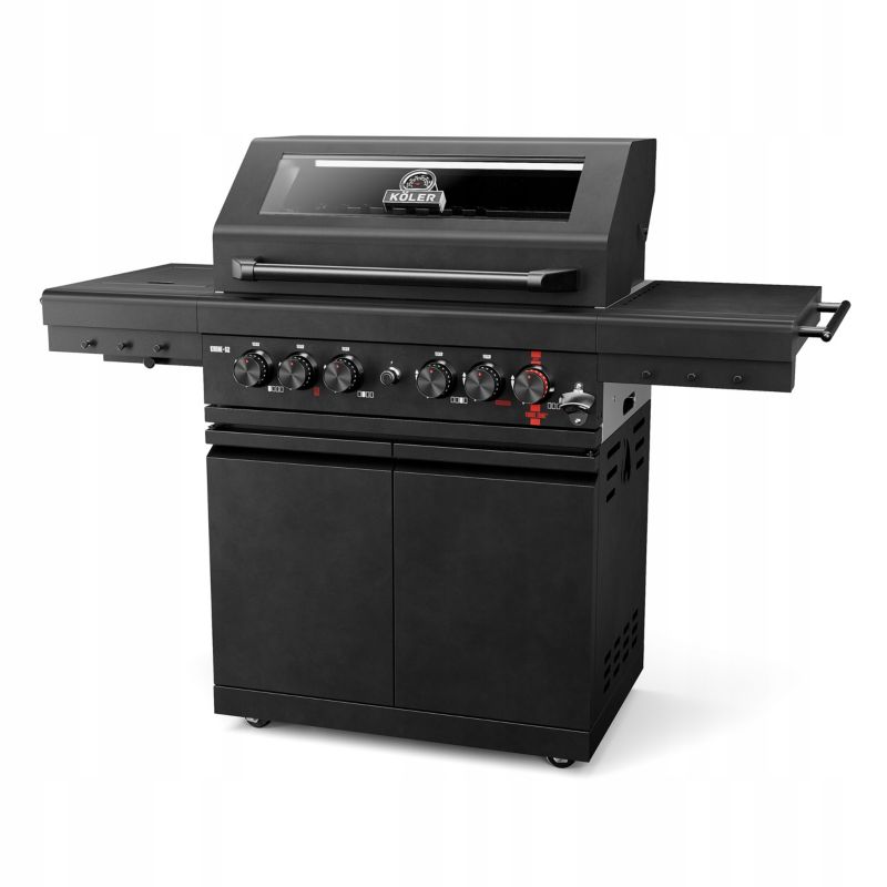 Grill Gazowy Koler Krone S2 Czarny 21,6kW Stal Nierdzewna Ruszty Żeliwne 5+1 Szyba 1szt.