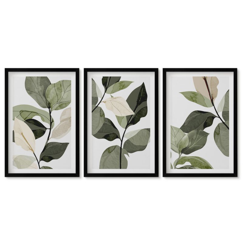 Trzy obrazy w czarnej ramie zestaw Tulup 40x60 cm Malowane liście roślin boho Dekoracja ścienna do przedpokoju 1 kpl
