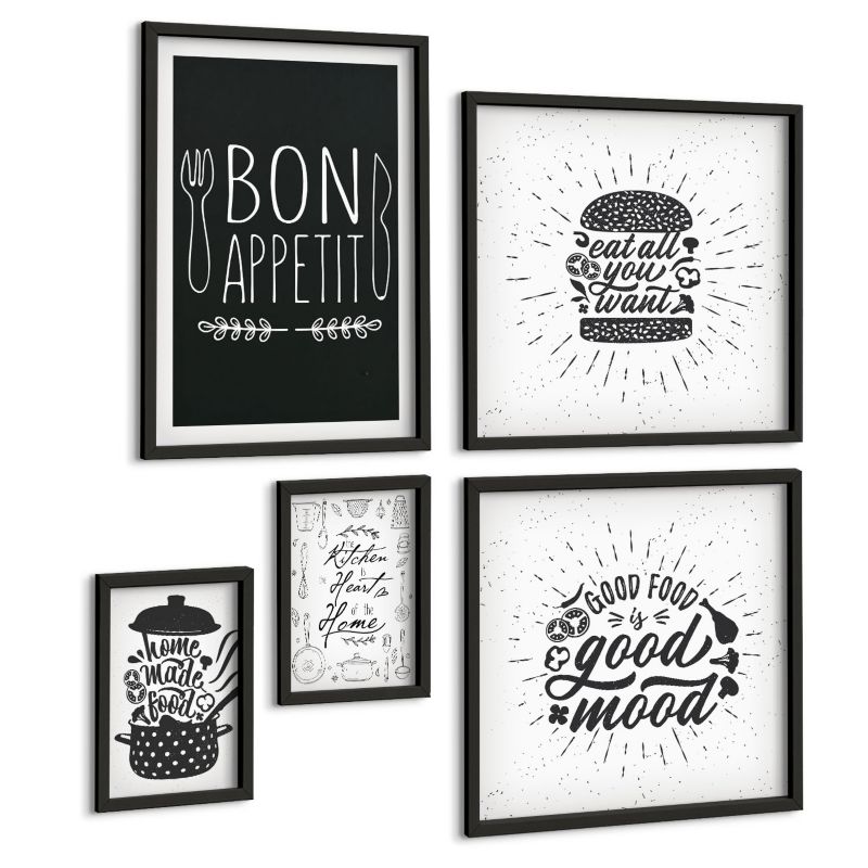 Komplet 5 Obrazów ArtPrintCave (2x50x50+2x20x30+40x60cm) Czarna rama Grafika jedzenie hasła kulinarne 1 kpl.