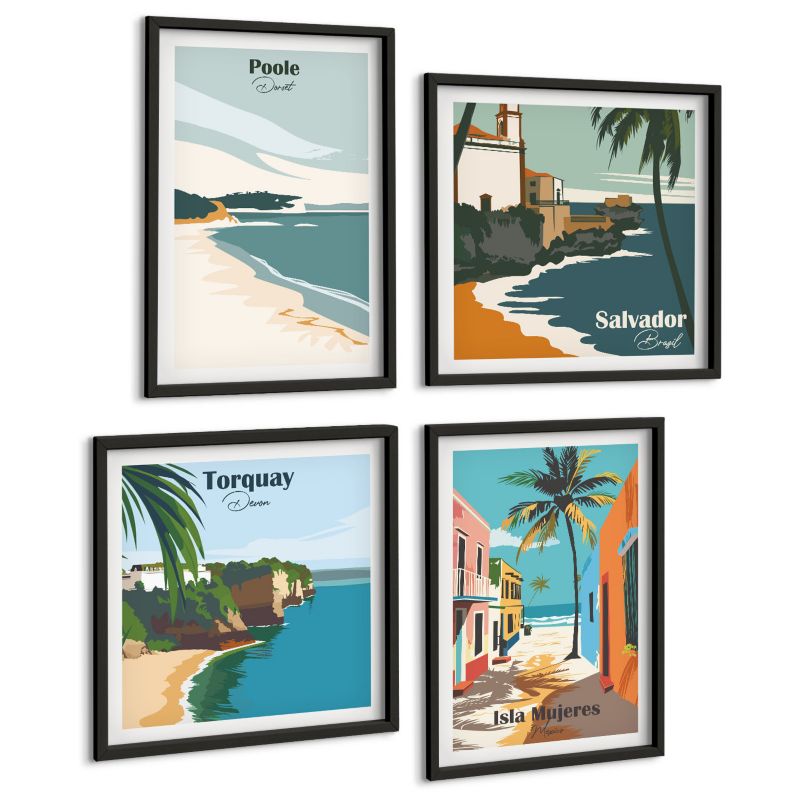 Komplet 4 Obrazów ArtPrintCave (2x50x50+2x40x60cm) Czarna rama Tropikalne plaże i palmy 1 kpl.