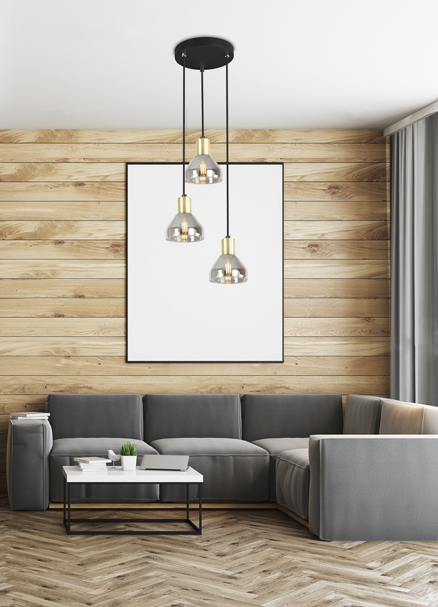 Czarno-złota lampa wisząca 3-płomienna do salonu GREGORY metal-szkło