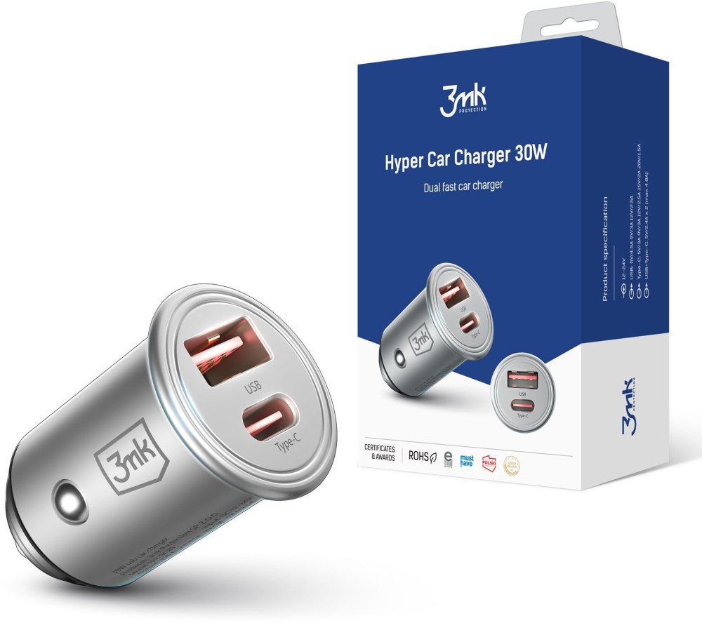 Ładowarka samochodowa 3mk Hyper Car Charger 30W, PD QC PPS, USB-C/USB-A, srebrny