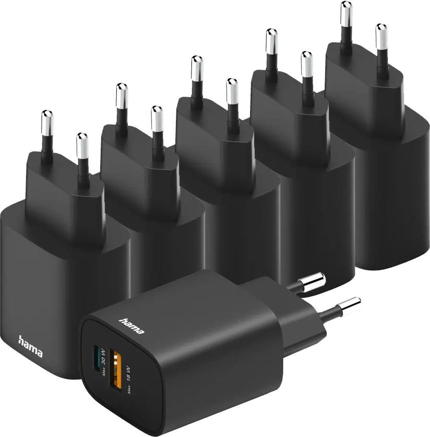5x Ładowarka do telefonu Hama, Power Delivery Quick Charge, USB-C/USB-A, 30W, czarny
