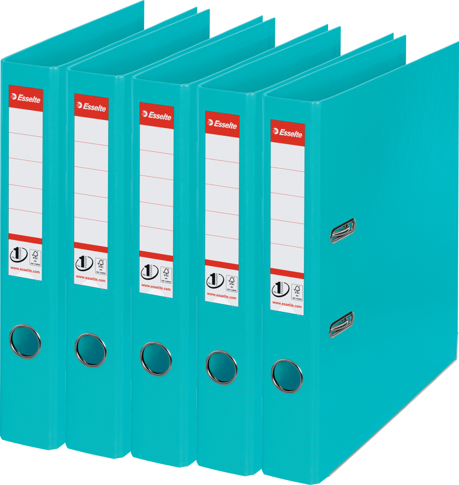 5x Segregator A4 Esselte No.1 Power, 50mm, do 350 kartek, 30% PP z recyklingu, turkusowy
