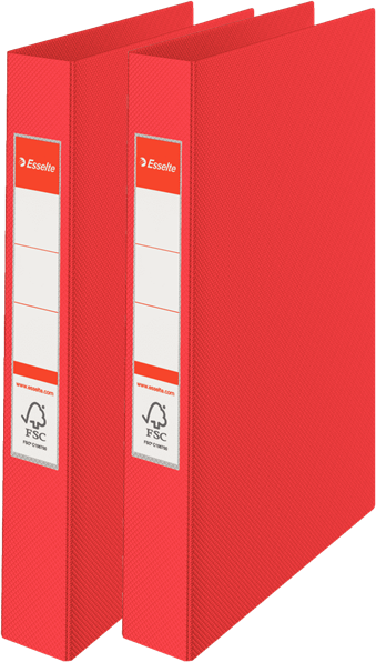 2x Segregator Esselte Vivida, A4, 42mm, do 190 kartek, 4 ringi, 30% PP z recyklingu, czerwony