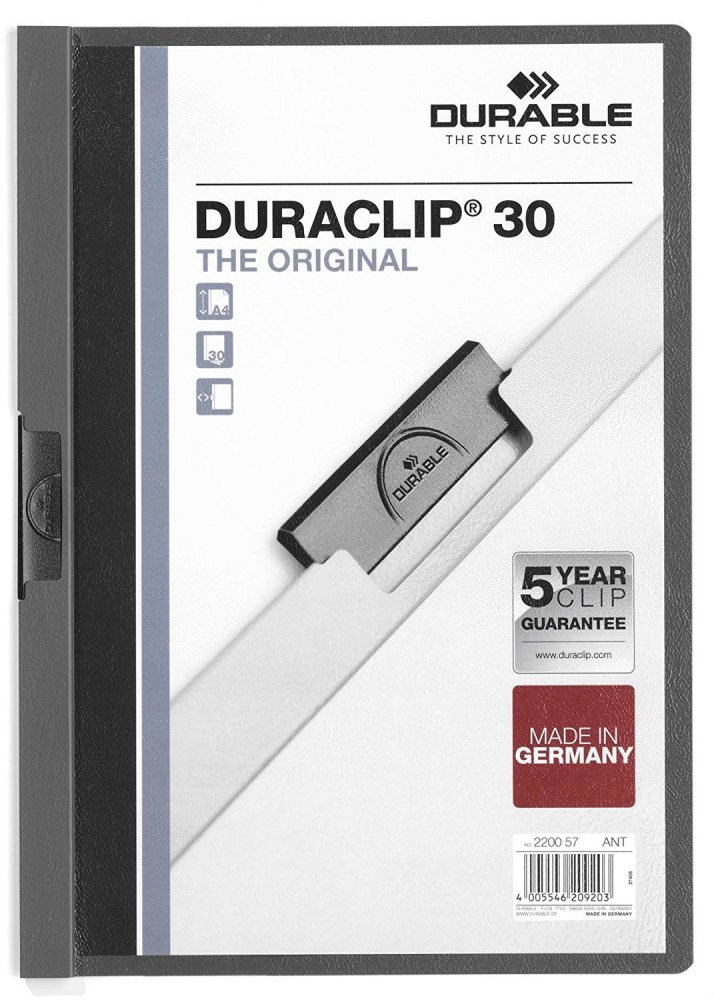 Skoroszyt plastikowy z klipsem Durable Duraclip, A4, do 30 kartek, grafitowy