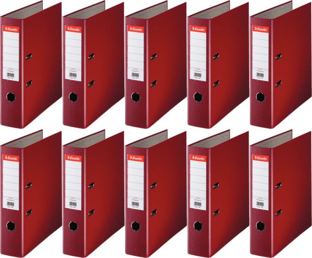 10x Segregator A4 Esselte, 75mm, do 500 kartek, ekonomiczny, 30% PP z recyklingu, bordowy