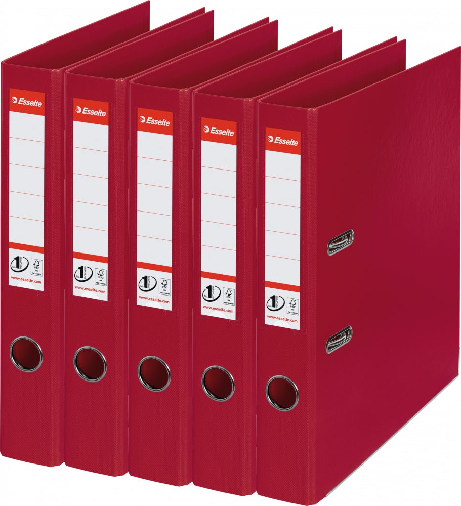 5x Segregator A4 Esselte No.1 Power, 50mm, do 350 kartek, 30% PP z recyklingu, bordowy