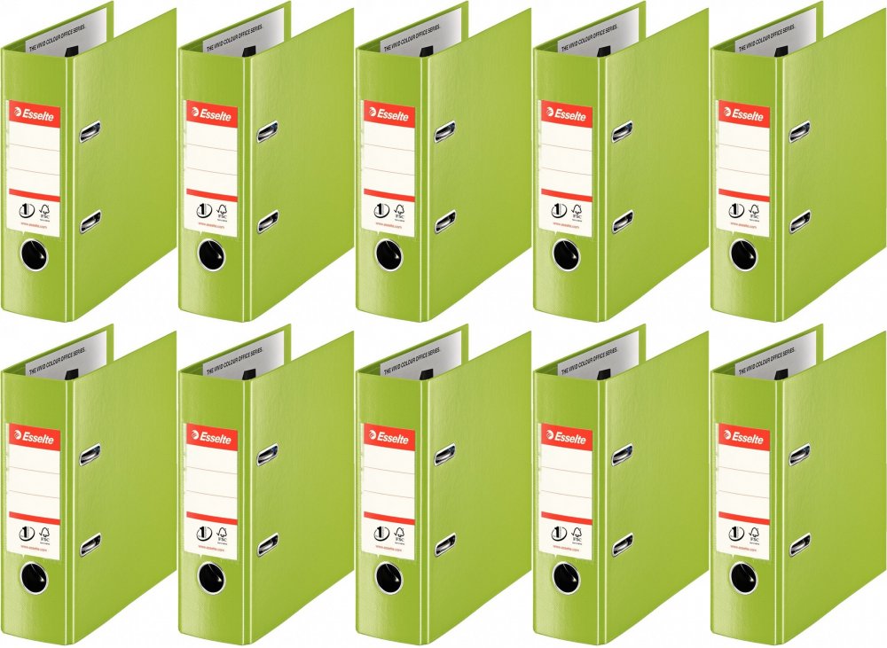 10x Segregator A5 Esselte No.1 Power, 75mm, do 500 kartek, 30% PP z recyklingu, zielony
