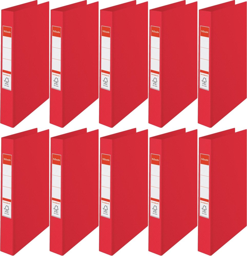 10x Segregator Esselte Vivida, A4, 42mm, do 190 kartek, 2 ringi, 30% PP z recyklingu, czerwony