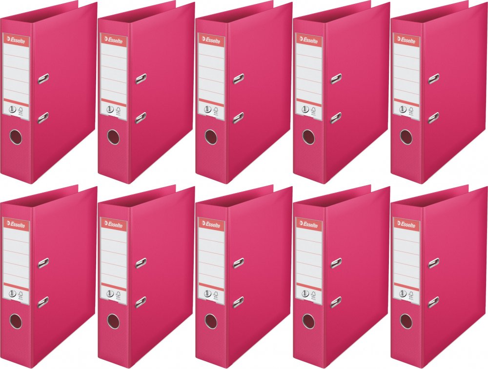 10x Segregator A4 Esselte No.1 Power, 75mm, do 500 kartek, 30% PP z recyklingu, fuksja
