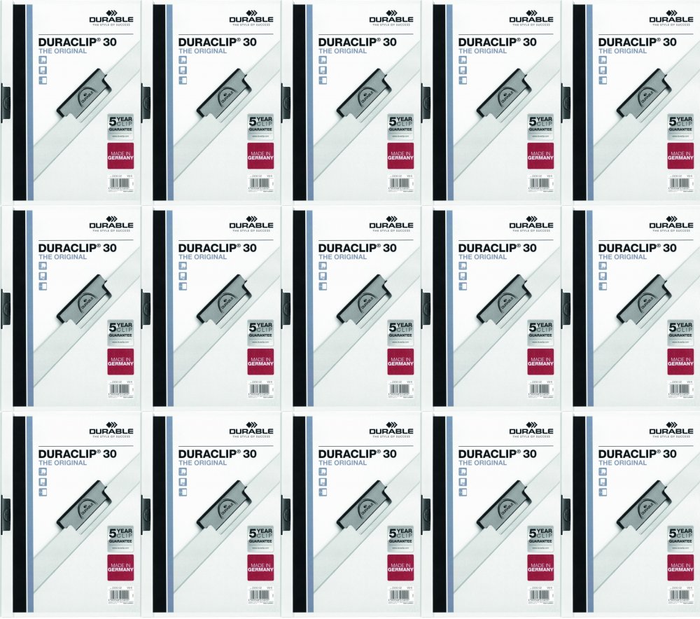 15x Skoroszyt plastikowy z klipsem Durable Duraclip, A4, do 30 kartek biały