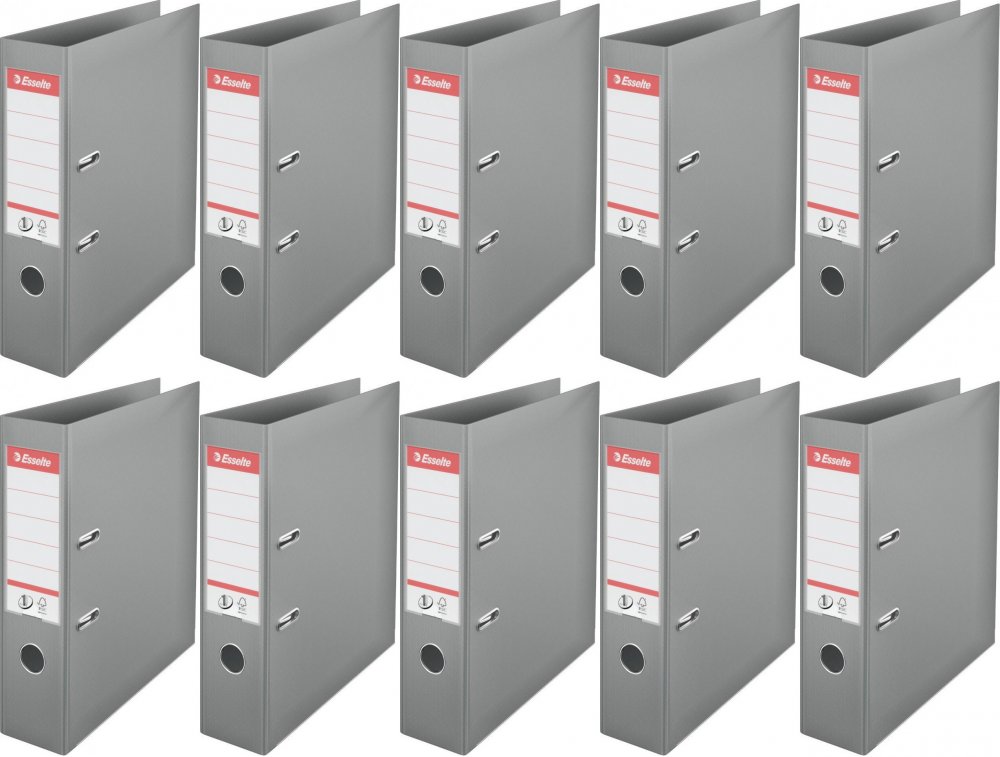 10x Segregator A4 Esselte No.1 Power, 75mm, do 500 kartek, 30% PP z recyklingu, szary