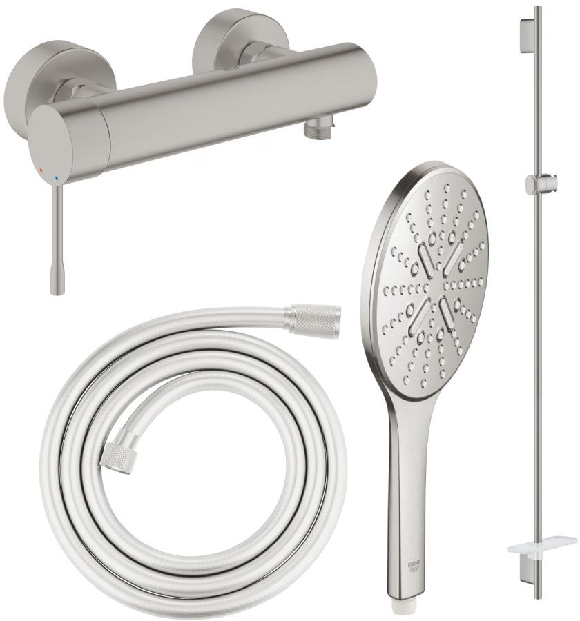 Zestaw Grohe Essence bateria prysznicowa ścienna z kompletem prysznicowym SuperSteel 26574DC0, 28388DC1, 26603DC0, 33636DC1)