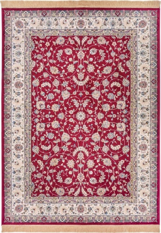 Dywan Hanse Home Eva 135x195 cm, klasyczny kremowo czerwony wzór, z frędzlami, z bawełny i wiskozy, do salonu, 1 szt.
