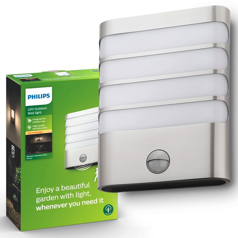 Kinkiet Ogrodowy Raccoon Philips Lampa Elewacyjna Zewnętrzna LED 3W 270lm 2700K IP44 z Czujnikiem Ruchu i Zmierzchu Srebrna 1 szt.