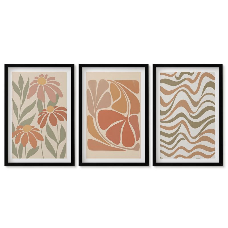 Trzy obrazy w czarnej ramie zestaw Tulup 40x60 cm Kwiaty pastelowe abstrakcje Obrazy do kuchni w ramie 1 kpl